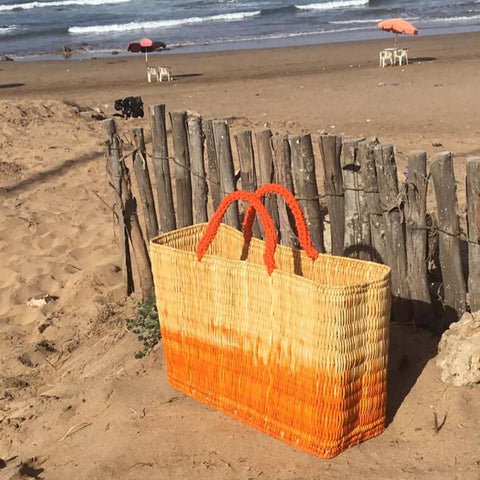 Large Tie Dye  Straw Beach Basket with Orange Corde Handle