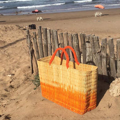 Large Tie Dye  Straw Beach Basket with Orange Corde Handle